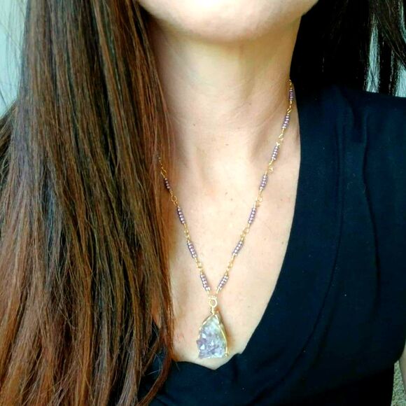 Amethyst Crystal Cluster Pendant Necklace, Beaded Necklace, Boho Jewelry - Picture 1 of 7